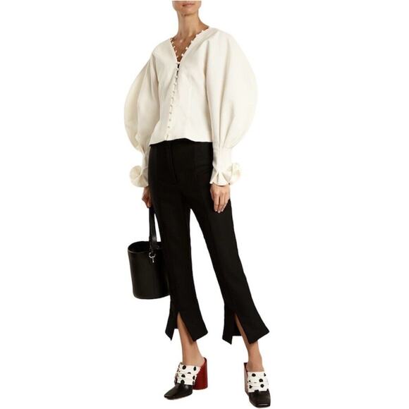 Unbranded Tops - Cream V-Neck Loop & Button Front Balloon Pleated Cuff Sleeve Crop Blouse Med